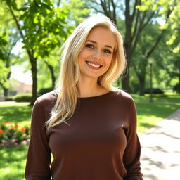 A slender, beautiful European blonde woman, 28 years old, smiling sweetly in a park