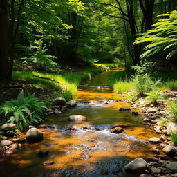 A tranquil small creek meandering through a charming little forest