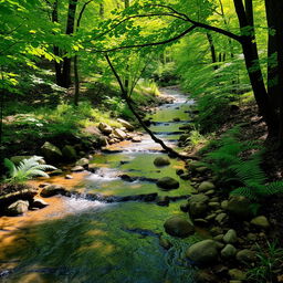 A tranquil small creek meandering through a charming little forest