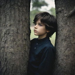 Neoclassicism-based image of a boy leaning against a tree, melded with the mood and aesthetic elements of 70s dark fantasy art. Use high variation with medium style.