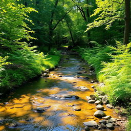 A tranquil small creek meandering through a charming little forest