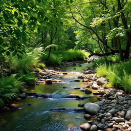 A tranquil small creek meandering through a charming little forest