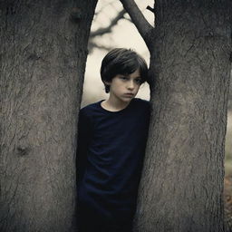 Neoclassicism-based image of a boy leaning against a tree, melded with the mood and aesthetic elements of 70s dark fantasy art. Use high variation with medium style.