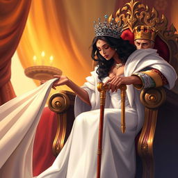 A captivating illustration for a book cover, showcasing a regal queen with tanned skin, adorned in a flowing white gown that exudes elegance