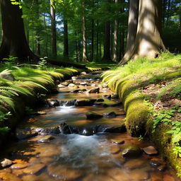 A charmingly tiny creek trickling through a serene forest setting