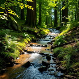 A charmingly tiny creek trickling through a serene forest setting