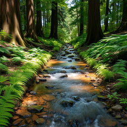 A charmingly tiny creek trickling through a serene forest setting