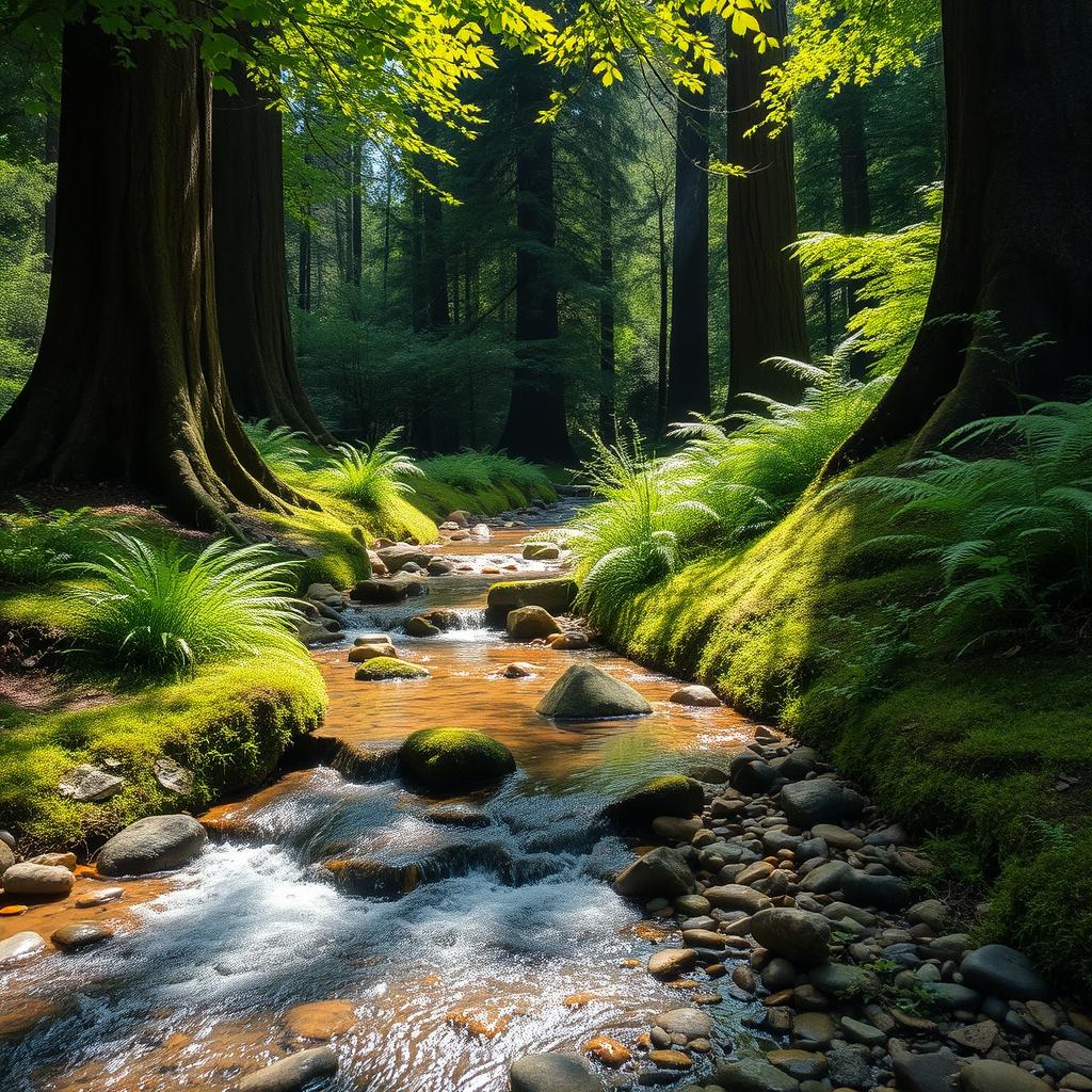 A charmingly tiny creek trickling through a serene forest setting