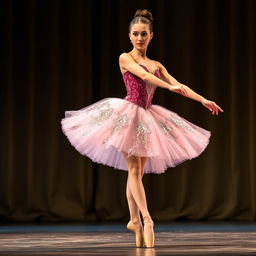 A graceful ballerina performing on stage, wearing a beautifully embellished tutu that flares elegantly around her