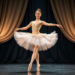 A graceful ballerina performing on stage, wearing a beautifully embellished tutu that flares elegantly around her