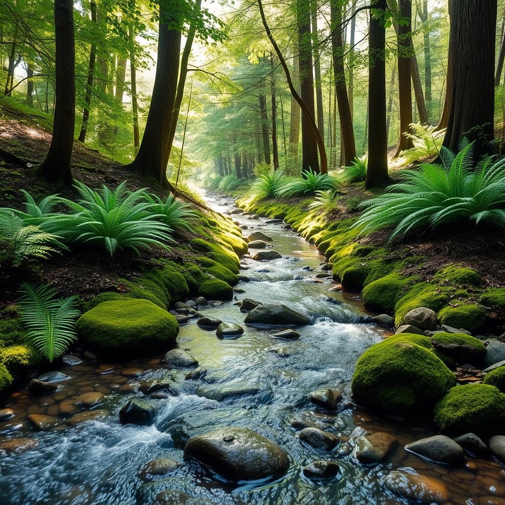 A delightful and really small creek winding gently through a lush forest