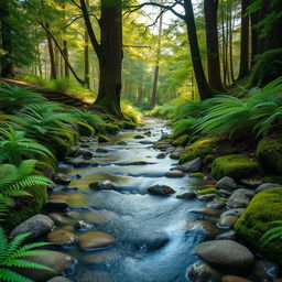 A delightful and really small creek winding gently through a lush forest