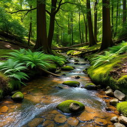 A delightful and really small creek winding gently through a lush forest