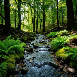 A delightful and really small creek winding gently through a lush forest