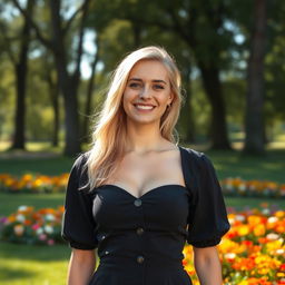 A slender, beautiful European blonde woman, 28 years old, smiling charmingly in a park