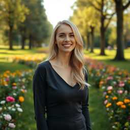 A slender, beautiful European blonde woman, 28 years old, smiling charmingly in a park