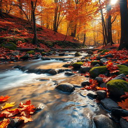 A picturesque really small creek flowing gently through an autumn forest