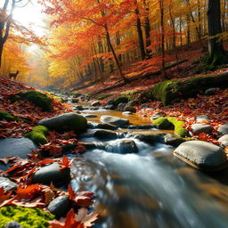 A picturesque really small creek flowing gently through an autumn forest