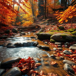 A picturesque really small creek flowing gently through an autumn forest