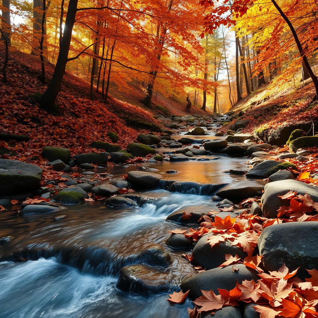 A picturesque really small creek flowing gently through an autumn forest