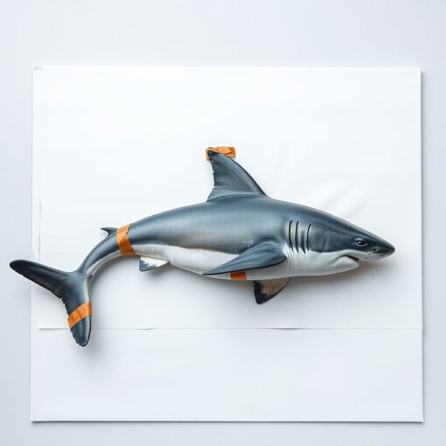 A full view of a blank canvas featuring a lifelike shark sleeping peacefully on it