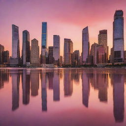 A mesmerizing scene of a city skyline during a vibrant sunset, with tall skyscrapers reflecting the orange and pink hues of the setting sun.