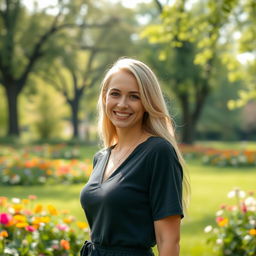 A slender, beautiful European blonde woman, 28 years old, smiling charmingly in a park