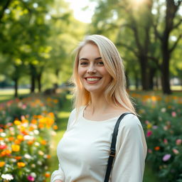 A slender, beautiful European blonde woman, 28 years old, smiling charmingly in a park