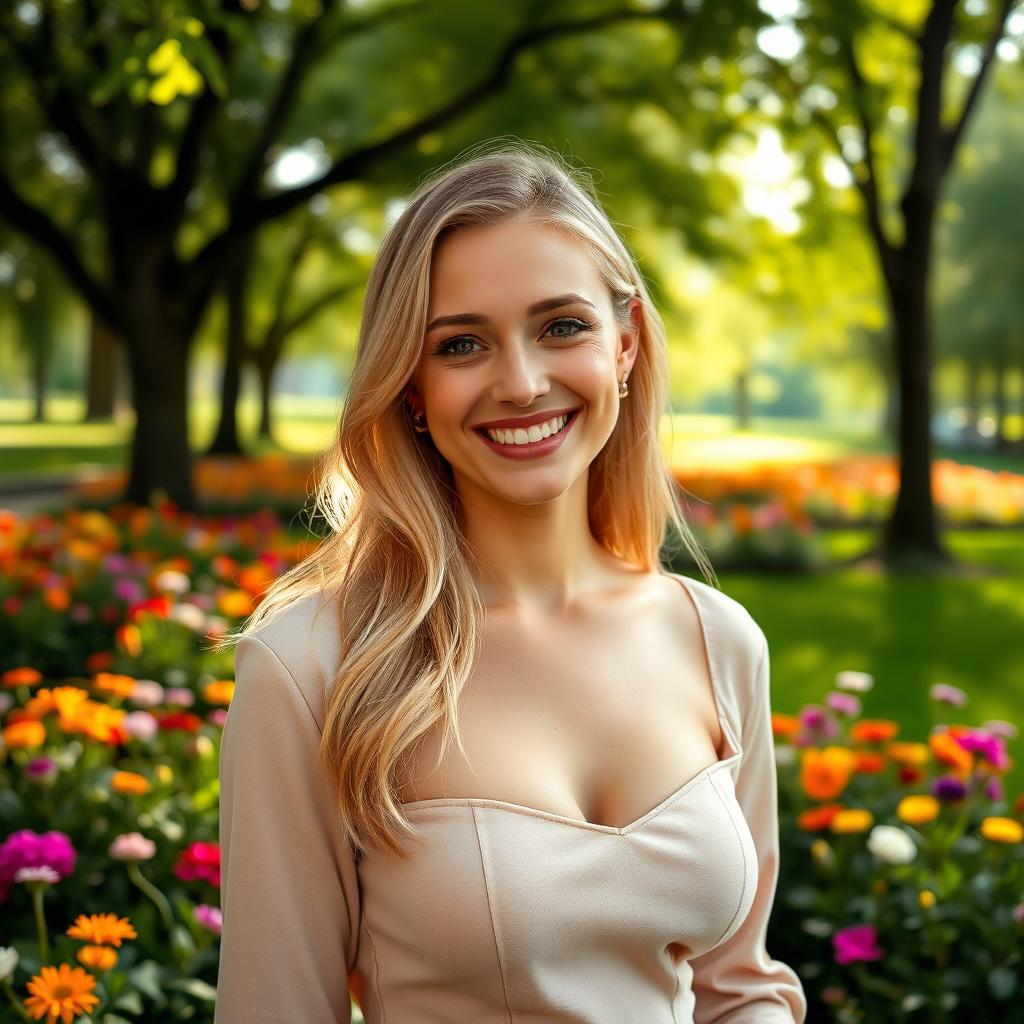 A slender, beautiful European blonde woman, 28 years old, smiling charmingly in a park