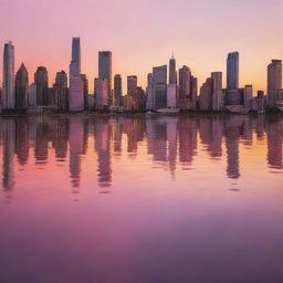 A mesmerizing scene of a city skyline during a vibrant sunset, with tall skyscrapers reflecting the orange and pink hues of the setting sun.