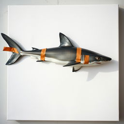 A raw photography depiction of a blank canvas showcasing a lifelike shark resting on it