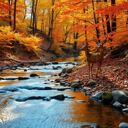 A picturesque scene of a really small creek winding through an autumn forest, featuring vibrant fall foliage in hues of orange, red, and yellow