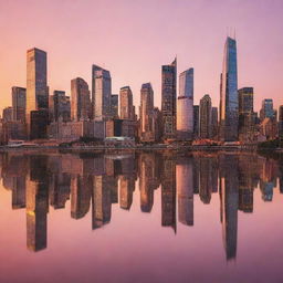 A mesmerizing scene of a city skyline during a vibrant sunset, with tall skyscrapers reflecting the orange and pink hues of the setting sun.