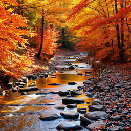 A picturesque scene of a really small creek winding through an autumn forest, featuring vibrant fall foliage in hues of orange, red, and yellow