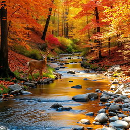 A picturesque scene of a really small creek winding through an autumn forest, featuring vibrant fall foliage in hues of orange, red, and yellow