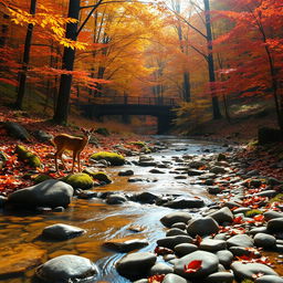 A picturesque scene of a really small creek winding through an autumn forest, featuring vibrant fall foliage in hues of orange, red, and yellow