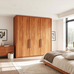 A modern wooden wardrobe in a stylish and elegant master bedroom, featuring sleek lines and a contemporary design