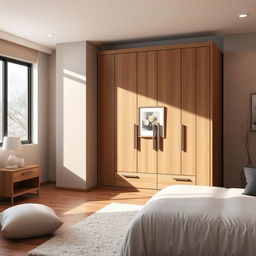 A modern wooden wardrobe in a stylish and elegant master bedroom, featuring sleek lines and a contemporary design