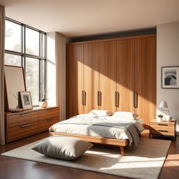 A modern wooden wardrobe in a stylish and elegant master bedroom, featuring sleek lines and a contemporary design