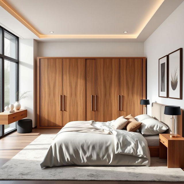 A modern wooden wardrobe in a stylish and elegant master bedroom, featuring sleek lines and a contemporary design