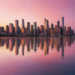 A mesmerizing scene of a city skyline during a vibrant sunset, with tall skyscrapers reflecting the orange and pink hues of the setting sun.