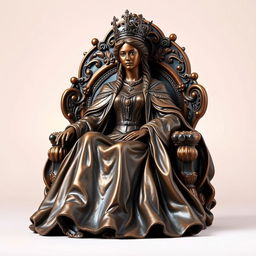 A majestic bronze sculpture of a regal queen, capturing her powerful presence and intricate details of her royal attire