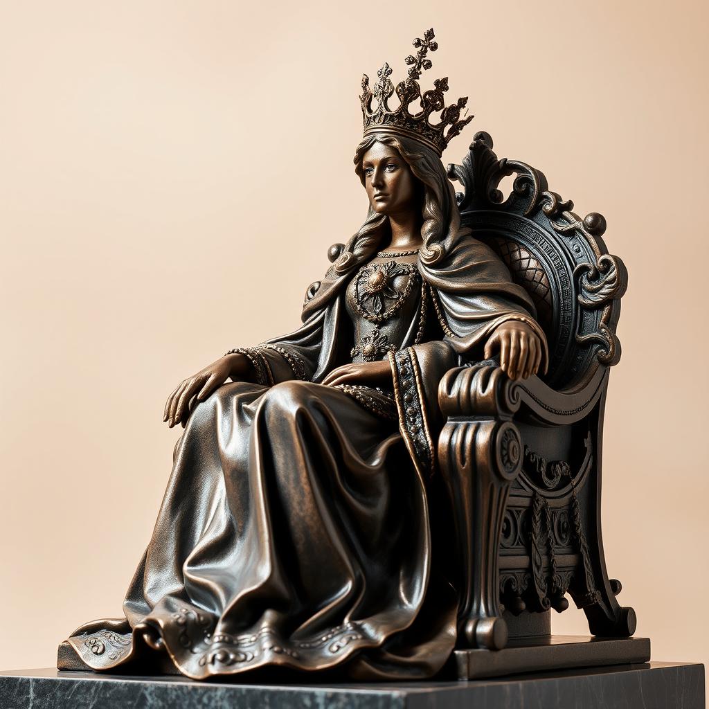 A majestic bronze sculpture of a regal queen, capturing her powerful presence and intricate details of her royal attire