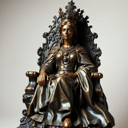 A majestic bronze sculpture of a regal queen, capturing her powerful presence and intricate details of her royal attire