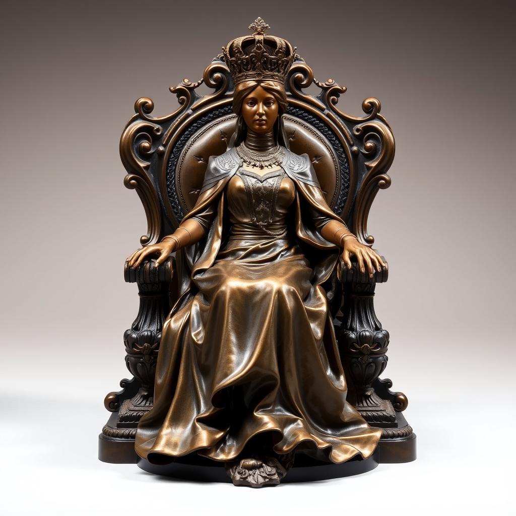 A majestic bronze sculpture of a regal queen, capturing her powerful presence and intricate details of her royal attire