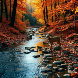 A serene scene of a really small creek meandering through an autumn forest, adorned with vibrant foliage in hues of orange, red, and yellow