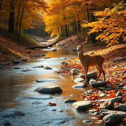 A serene scene of a really small creek meandering through an autumn forest, adorned with vibrant foliage in hues of orange, red, and yellow