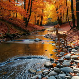 A serene scene of a really small creek meandering through an autumn forest, adorned with vibrant foliage in hues of orange, red, and yellow