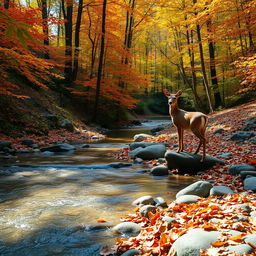 A serene scene of a really small creek meandering through an autumn forest, adorned with vibrant foliage in hues of orange, red, and yellow