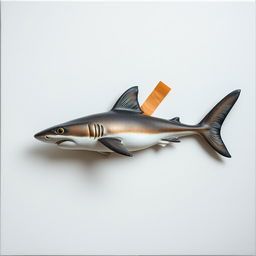 A raw photography image capturing a blank canvas featuring a lifelike shark attached to it using brown adhesive tape